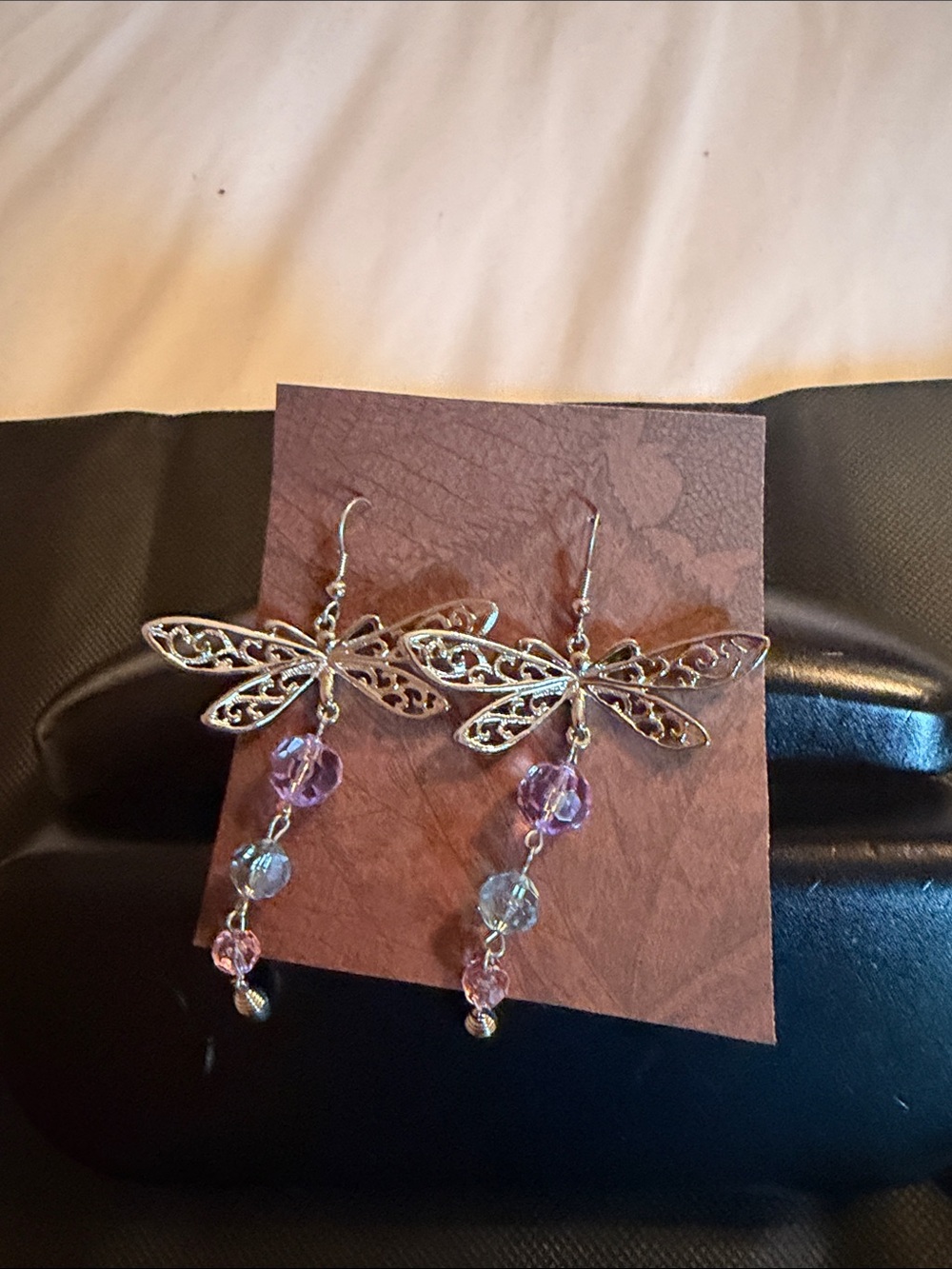 Dragonfly Dangle Earrings with Pink and Purple Beads